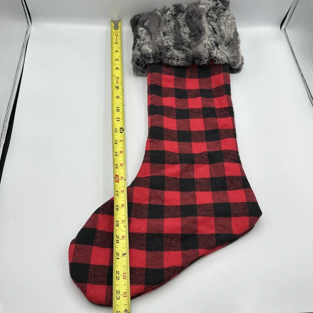 Large Red & Black Checker Plaid Woven Stocking With Faux Fur Collar